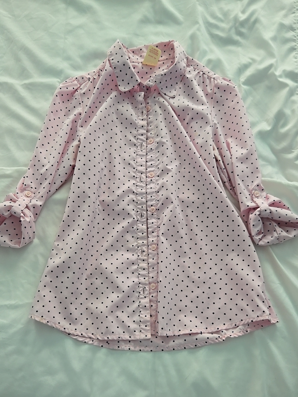 Faded Glory Pink Button-Up Shirt with Navy Blue Polka Dots